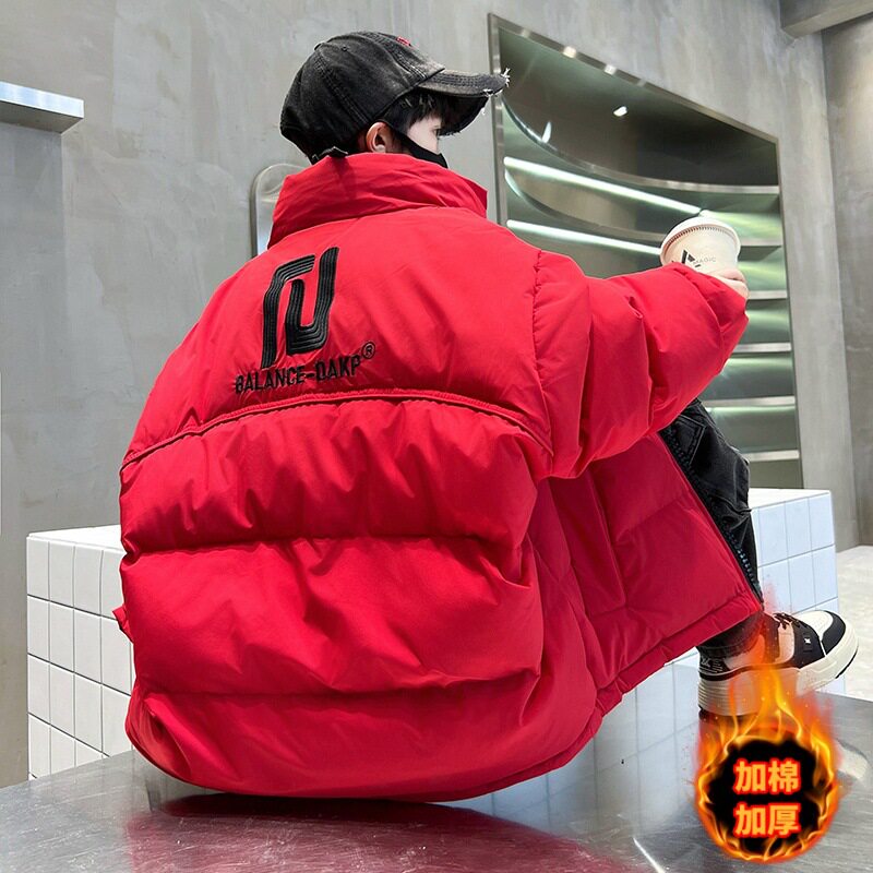 男童羽绒棉服红色年服冬季外套2025新款加厚中大童面包胖孩棉衣潮