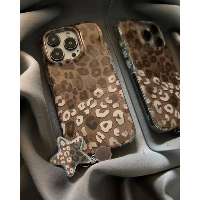 欧略 日韩ins美拉德豹纹星星带挂件适用苹果18promax手机壳iPhone15女新款14高级感13防摔保护套16pro超好看
