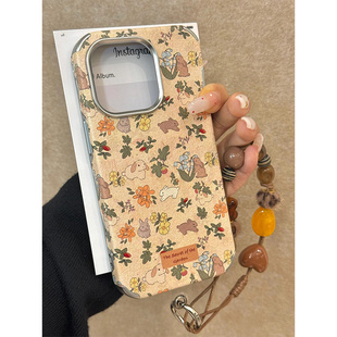 欧略 16高级感13网红14pro防摔保护套女 秋冬ins复古兔子花朵插画带链条适用苹果16promax手机壳iPhone15新款