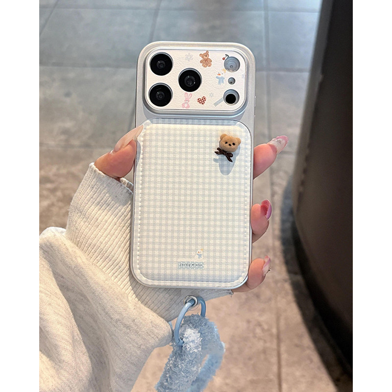 欧略 蓝白格纹可爱立体小熊带挂绳适用苹果17promax手机壳15新款iPhone16超好看14卡通女款17pro防摔保护套,3C数码配件,手机保护套/壳,淘宝优惠券,粉丝福利购,淘宝优惠卷