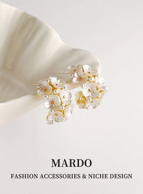 925银针耳饰法式复古贝壳花朵珍珠C圈耳钉女轻奢小众气质百搭耳环