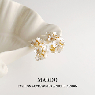 925银针耳饰法式复古贝壳花朵珍珠C圈耳钉女轻奢小众气质百搭耳环