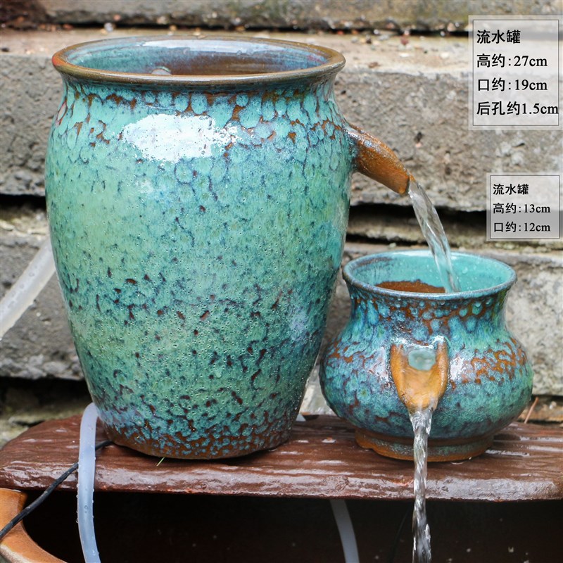 大号陶瓷陶罐流水过滤生态养鱼低吸水泵复古水培盆瀑布鱼缸摆件高