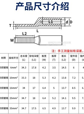DTD-6/10/16/25/35平方全铜过渡管电表C45插针式铜鼻镀锡接线端子