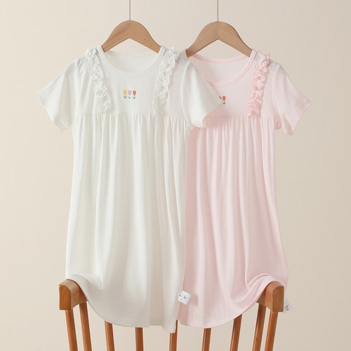天丝莱赛尔女童睡裙夏季薄款公主风儿童短袖睡衣家居服女孩超仙