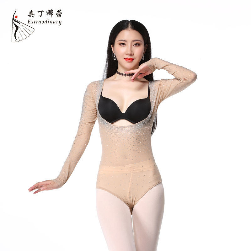 奥丁娜蕾肚皮舞上衣 带钻长袖舞蹈练功打底网纱成人连体托胸网纱