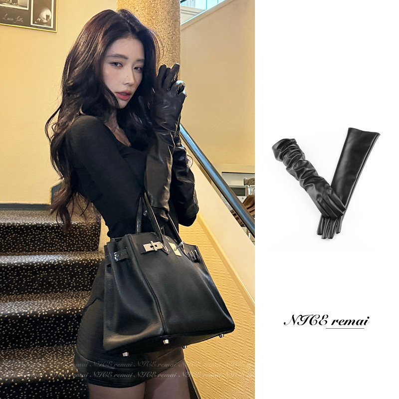 黑色软pu皮长手套明星网红杂志写真拍照高级感千金名媛风时髦配饰