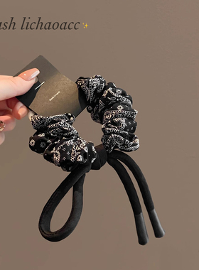 复古花纹黑色小肠圈高级感质感发绳头饰2025新款蝴蝶结扎马尾头绳