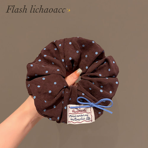 韩系时尚栗子棕发圈撞色蓝波点蝴蝶结肠圈秋冬新款扎马尾发绳头绳