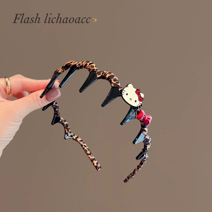 原创高级感精致毛绒豹纹kt猫卡通爱心甜酷发箍小众潮流网红头饰新