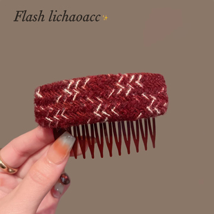 时尚百搭新年红色针织毛线倒插梳高颅顶蓬松发卡侧边刘海夹发卡