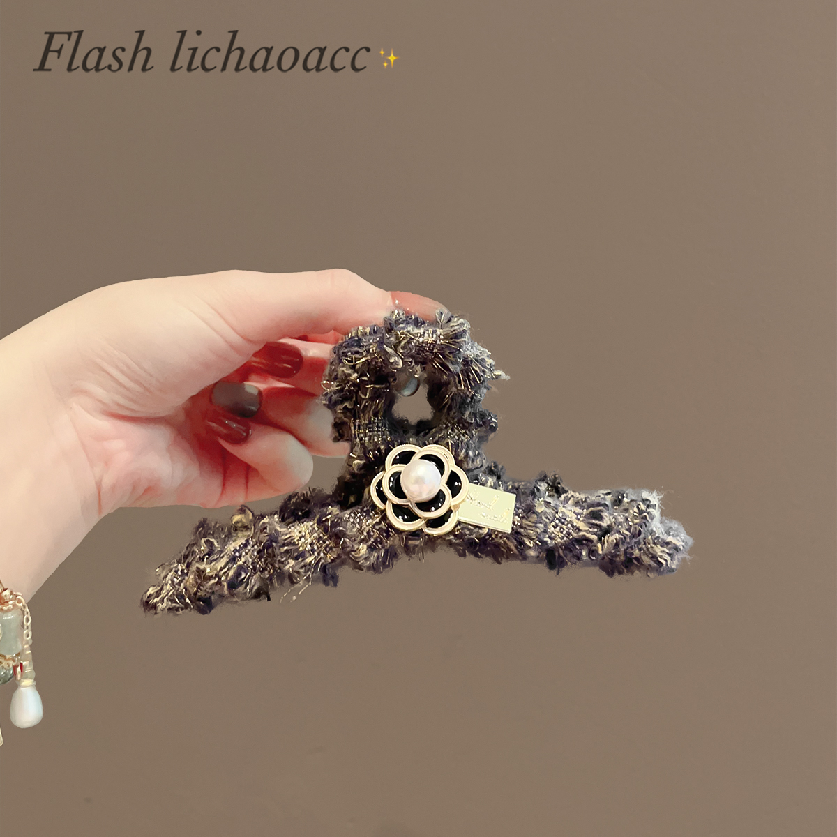 法式浪漫小香风精致蓝紫色金丝线毛线针织黑山茶花珍珠发夹抓夹女