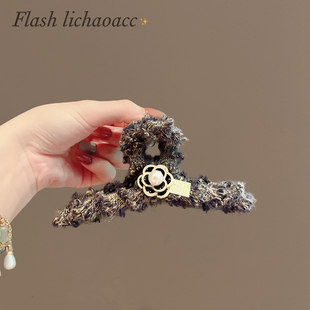 法式浪漫小香风精致蓝紫色金丝线毛线针织黑山茶花珍珠发夹抓夹女