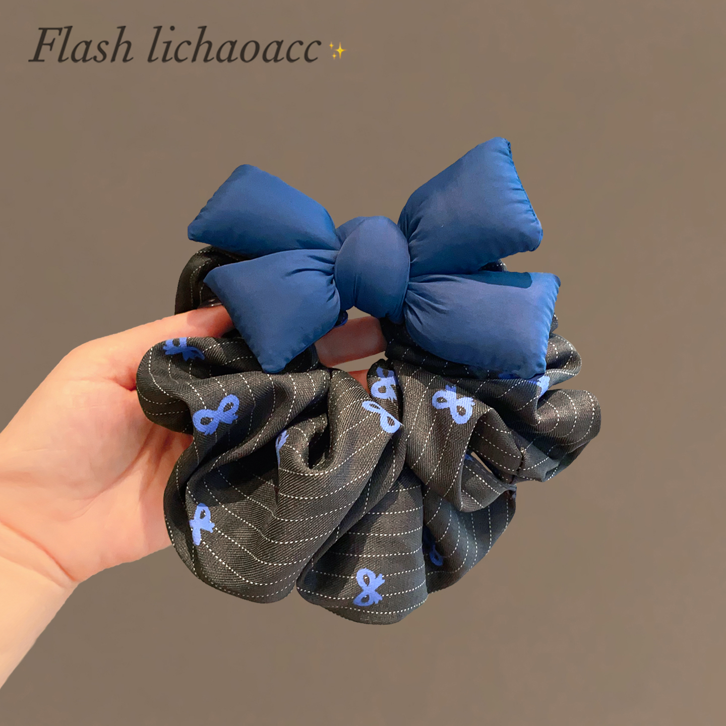 韩系时尚灰蓝调条纹发绳蝴蝶结印花布艺大肠发圈2025新款百搭头绳