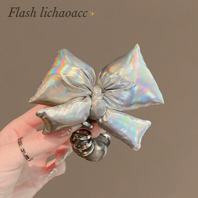 韩版甜酷发圈镭射银白蝴蝶结电话线发绳精致星光珠发饰扎马尾头绳