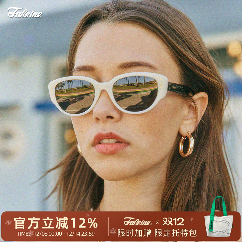 Fakeme 明星同款猫眼美式复古墨镜女款遮阳板材太阳镜 red zone