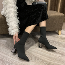 袜靴女短靴2024新款针织尖头网红瘦瘦靴高跟弹力靴冬季粗跟袜子靴