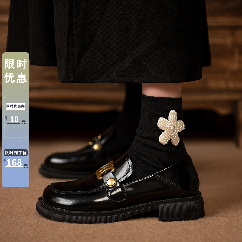 2024新款蠢萌大头真皮小皮鞋女单鞋英伦黑色平底一脚蹬乐福鞋女鞋