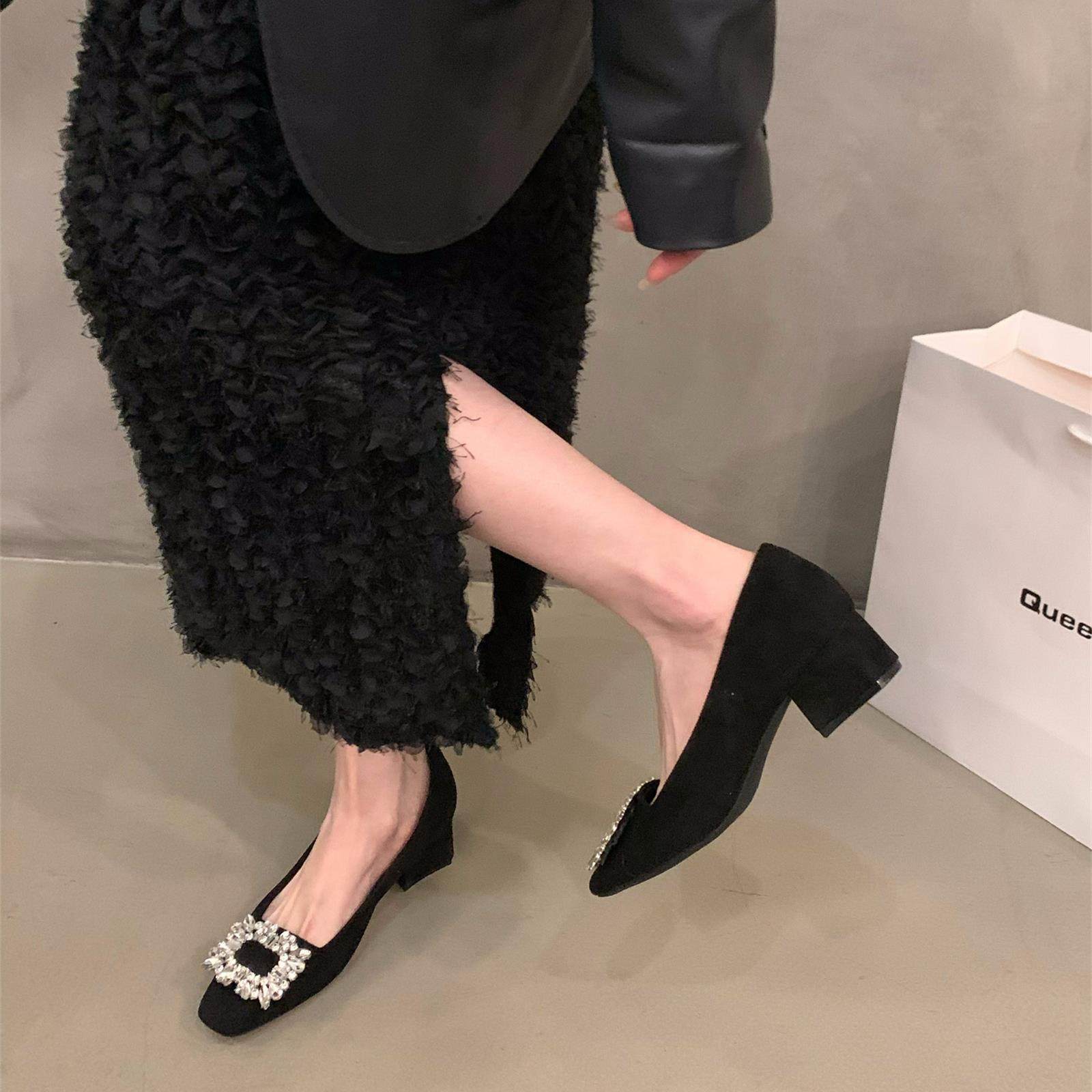 粗跟方头水钻高级感单鞋