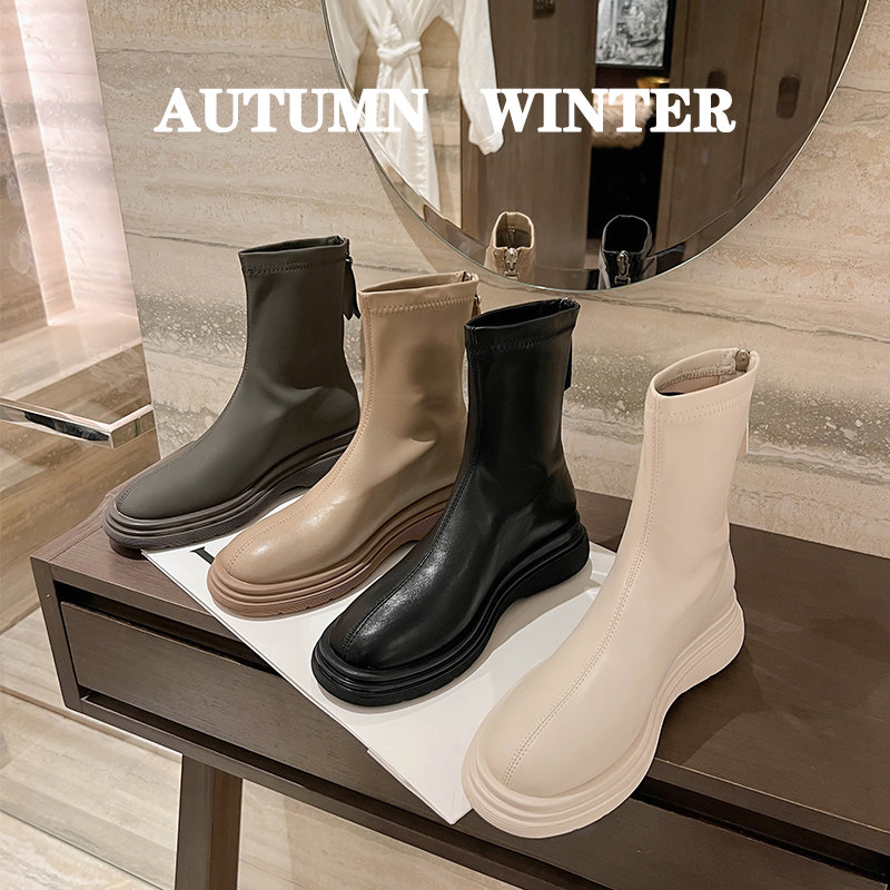 切尔西短靴女2025新款鞋子秋冬白色靴子厚底马丁靴冬季加绒瘦瘦靴