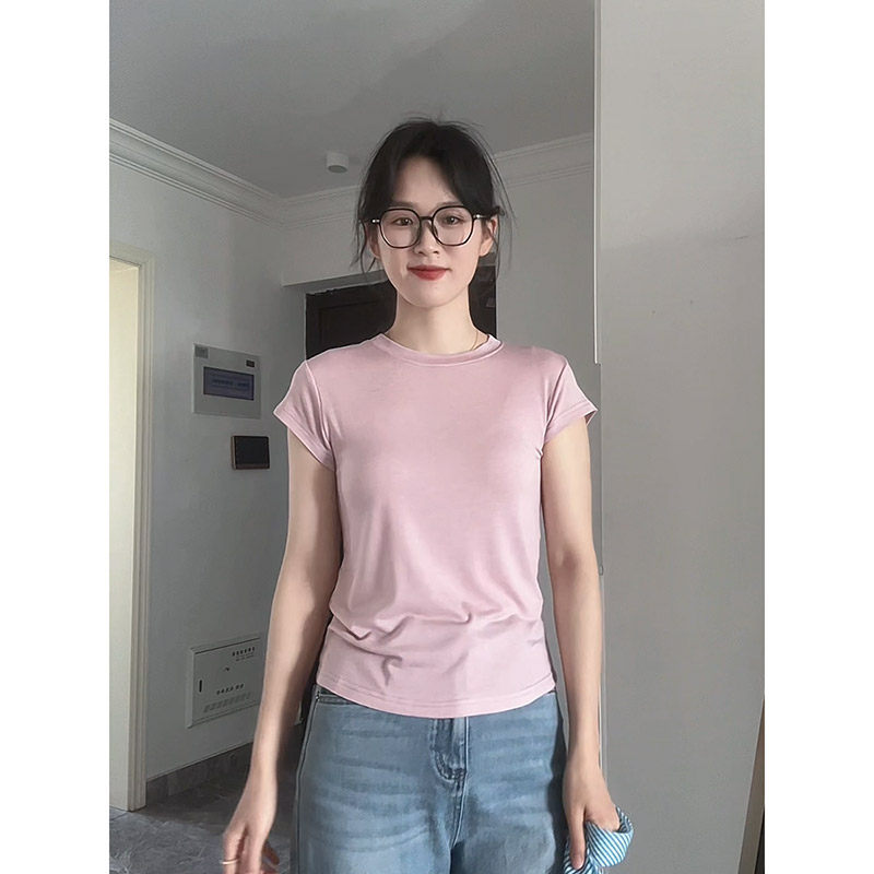 羊毛+天丝醋酸纤维亲肤舒适韩系简约低饱和度粉弹力打底T恤