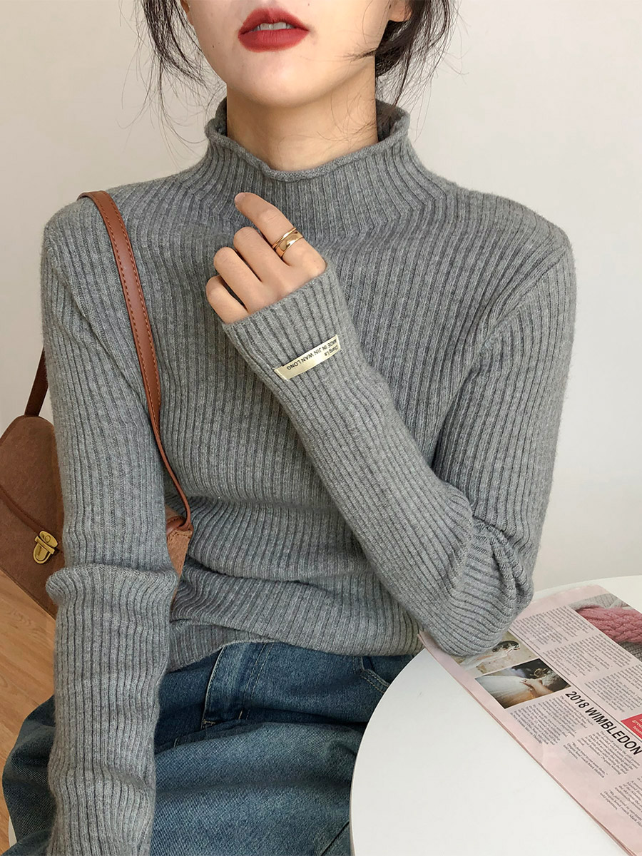 打底衫女秋冬新款半高领毛衣内搭加厚针织上衣慵懒风黑色灰色线衣