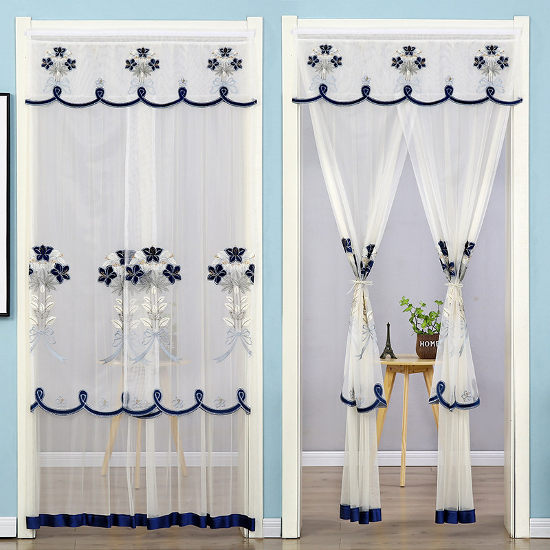 夏季防蚊门帘简约蕾丝隔断帘挂帘家用免打孔伸缩杆双层纱帘长帘