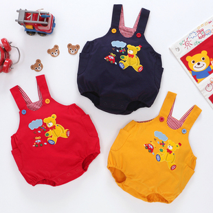 婴幼儿田鸡裤~新款卡通黄熊小汽车刺绣背带裤宝宝纯棉包臀裤pp裤