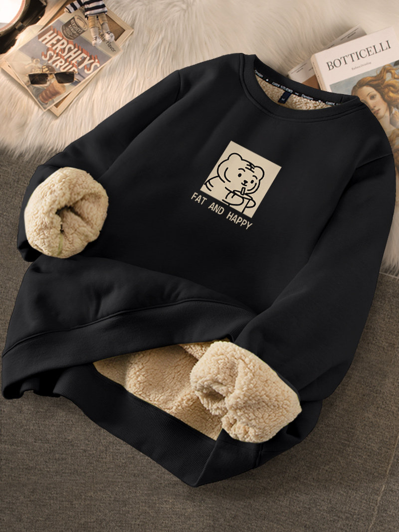 Plush Thickened Sweatshirt for Women, Autumn/Winter 2025 New Style, Petite Black Hoodless Top, Lamb Fleece Round Neck Winter