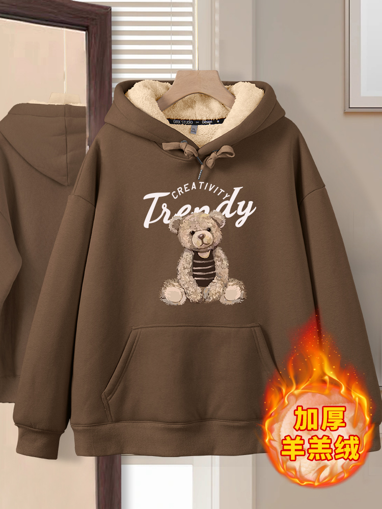 棕色运动衫妇女的冬季羊绒连帽小冬季服装2025新天鹅绒加厚的顶部