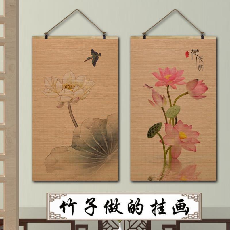 新中式竹片帘子卷轴挂画背景墙面装饰画古风花鸟书房荷花书房茶室图片