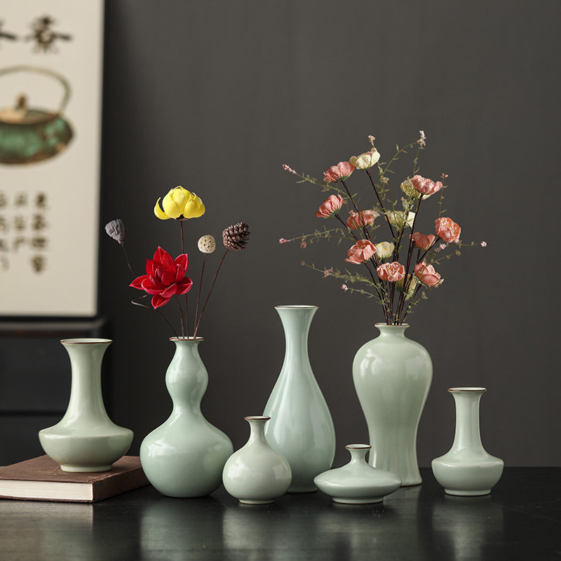 汝窑天青玉壶春瓶家用陶瓷花瓶摆件客厅插花轻奢仿古瓷器茶室配件