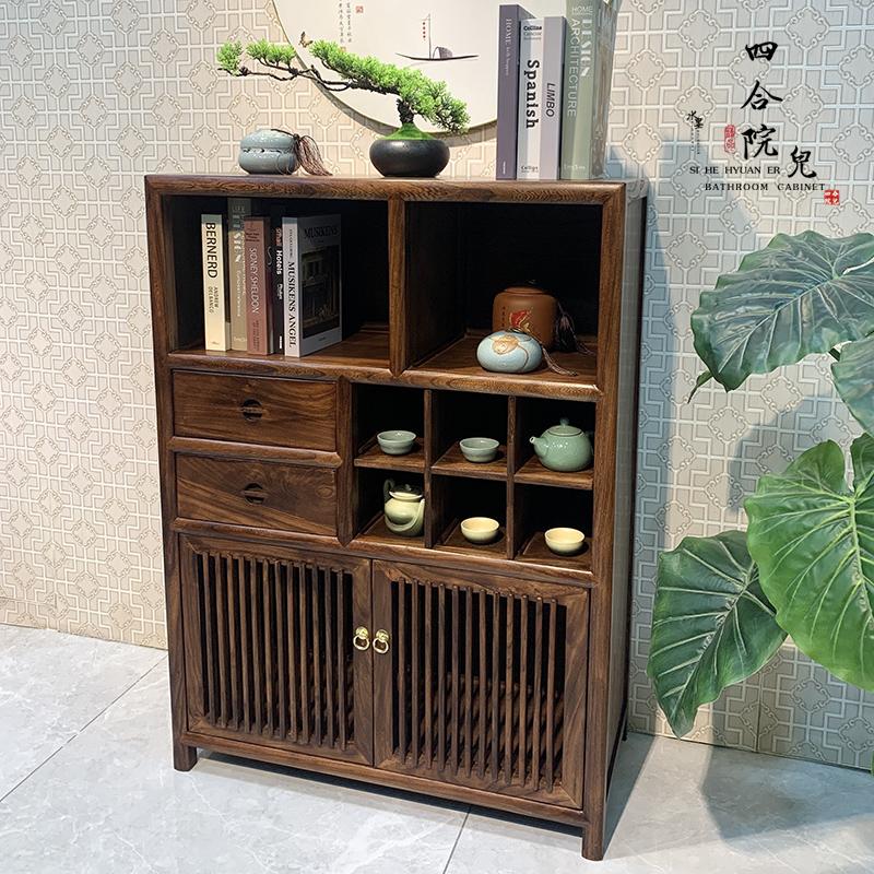 老榆木新中式家具小多宝阁禅意收纳柜胡桃木茶叶柜实木客厅餐边柜