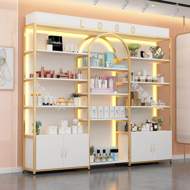 养生会所美容院护肤品展示架带灯直播产品陈列柜彩妆甲油胶置物架