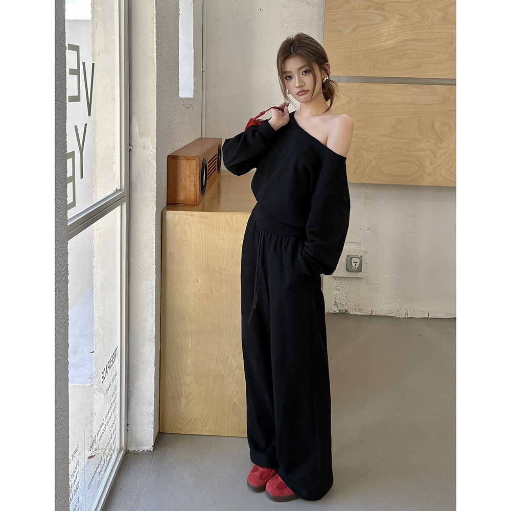 2025秋冬新款斜肩长袖大码mm宽松慵懒风卫衣休闲阔腿裤两件套装女