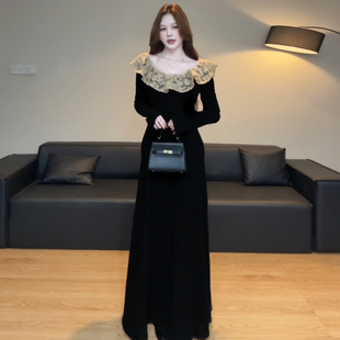2025新款 赫本风内搭气质长裙 巨好看黑色针织蕾丝连衣裙高级感法式