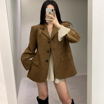 2025秋冬高级感韩系小个子新款小众复古美拉德棕色鹿皮绒西装外套