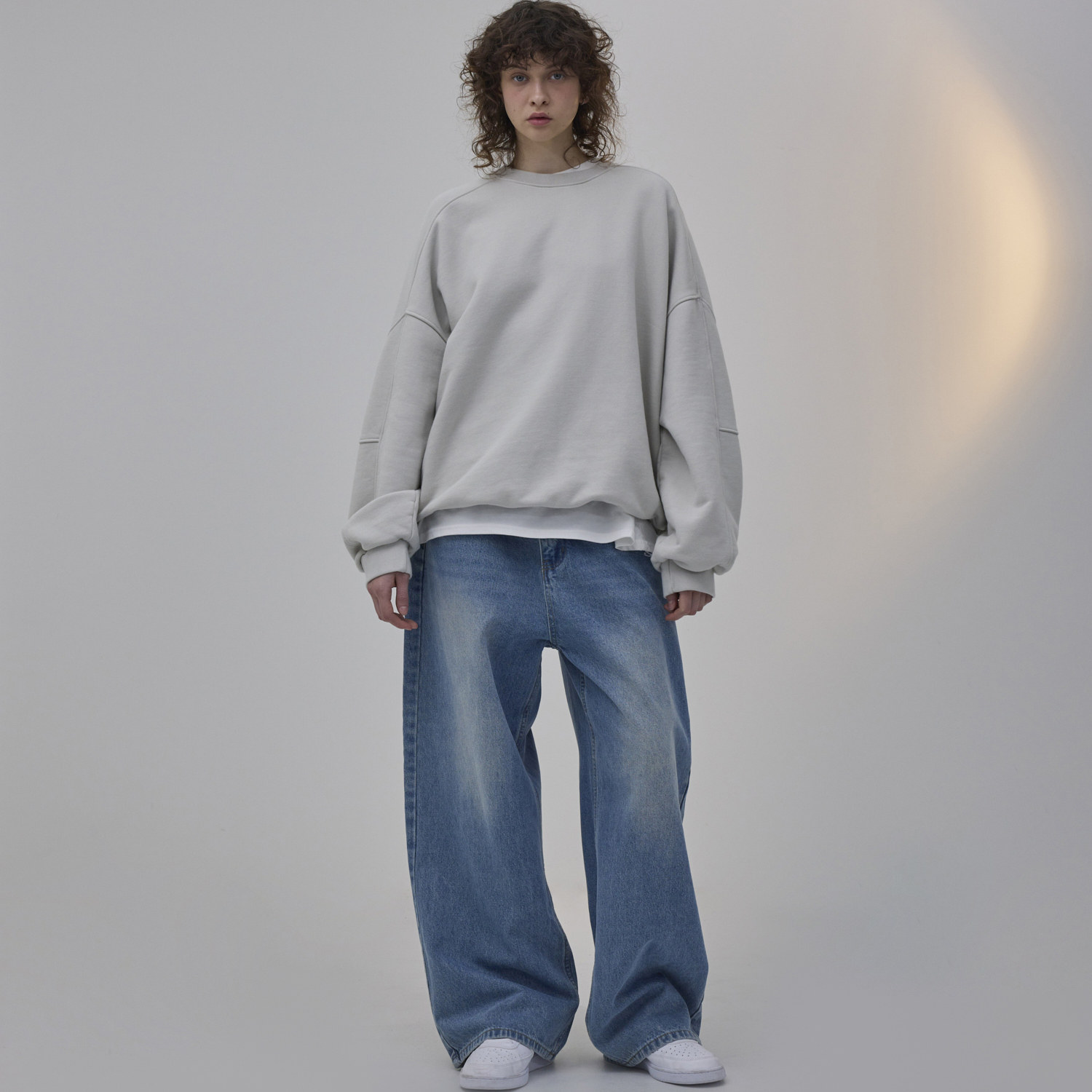 极简风蓝色阔腿牛仔裤松弛感显瘦长裤-054