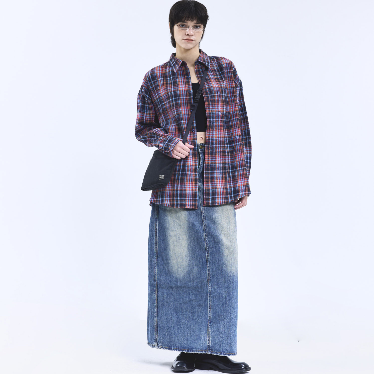 美式复古格子衬衫男女撞色拼接宽松长袖设计感衬衣外套-083