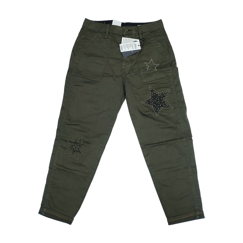 寓彦折扣 女款洗水压珠棉弹贡缎9分宽松舒适小脚休闲裤断码清