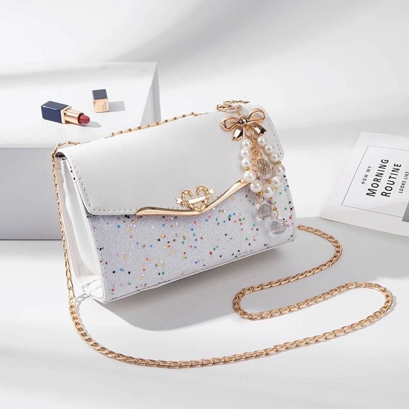 2020包包女新款网红ins风单肩斜挎手提包时尚百搭小香风链条白色