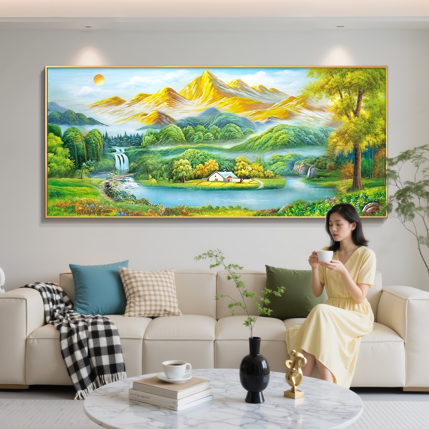 聚宝盆山水画客厅挂画日照金山沙发背景墙装饰画手绘油画招财壁画图片
