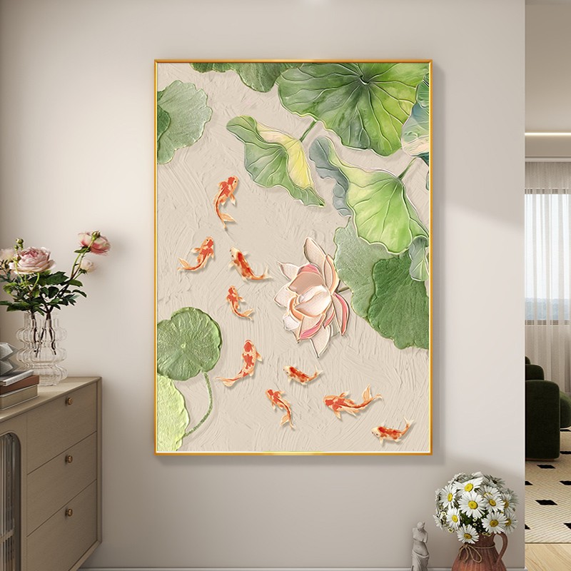 荷花九鱼图玄关装饰画入户正对门寓意好挂画客厅油画走廊过道壁画图片