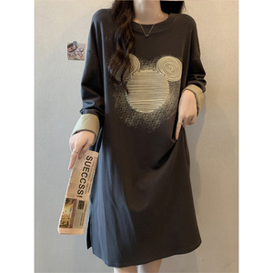早秋季宽松慵懒风遮肉T恤裙女大码胖妹妹休闲中长款印花连衣裙子