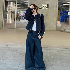 小香风时尚套装女气质复古短款外套搭配休闲宽松牛仔裤穿搭一整套