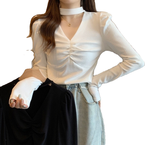 2024新款早秋季V领挂脖长袖T恤女上衣胖mm大码女装洋气遮肉打底衫