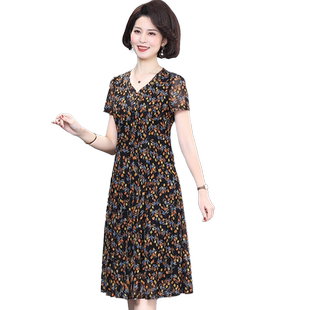 妈妈装夏季裙子新款高端洋气台湾纱阔太太中老年女弹力遮肚连衣裙