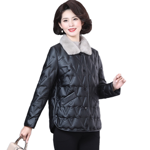 中老年妈妈皮羽绒服高档真狐狸毛领皮毛一体皮衣冬季外套短款鹅绒