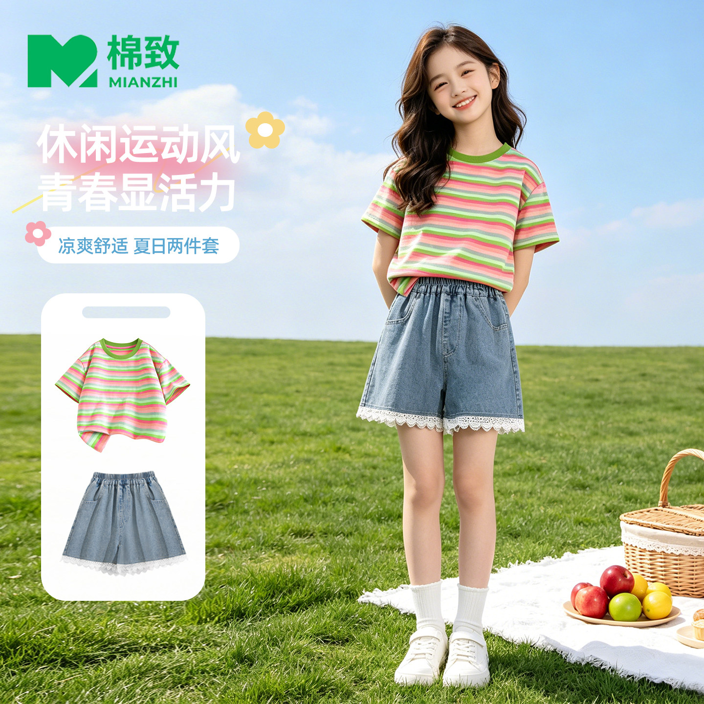 棉致女童夏装套装2026新款条纹短袖洋气女孩牛仔短裤薄款儿童衣服