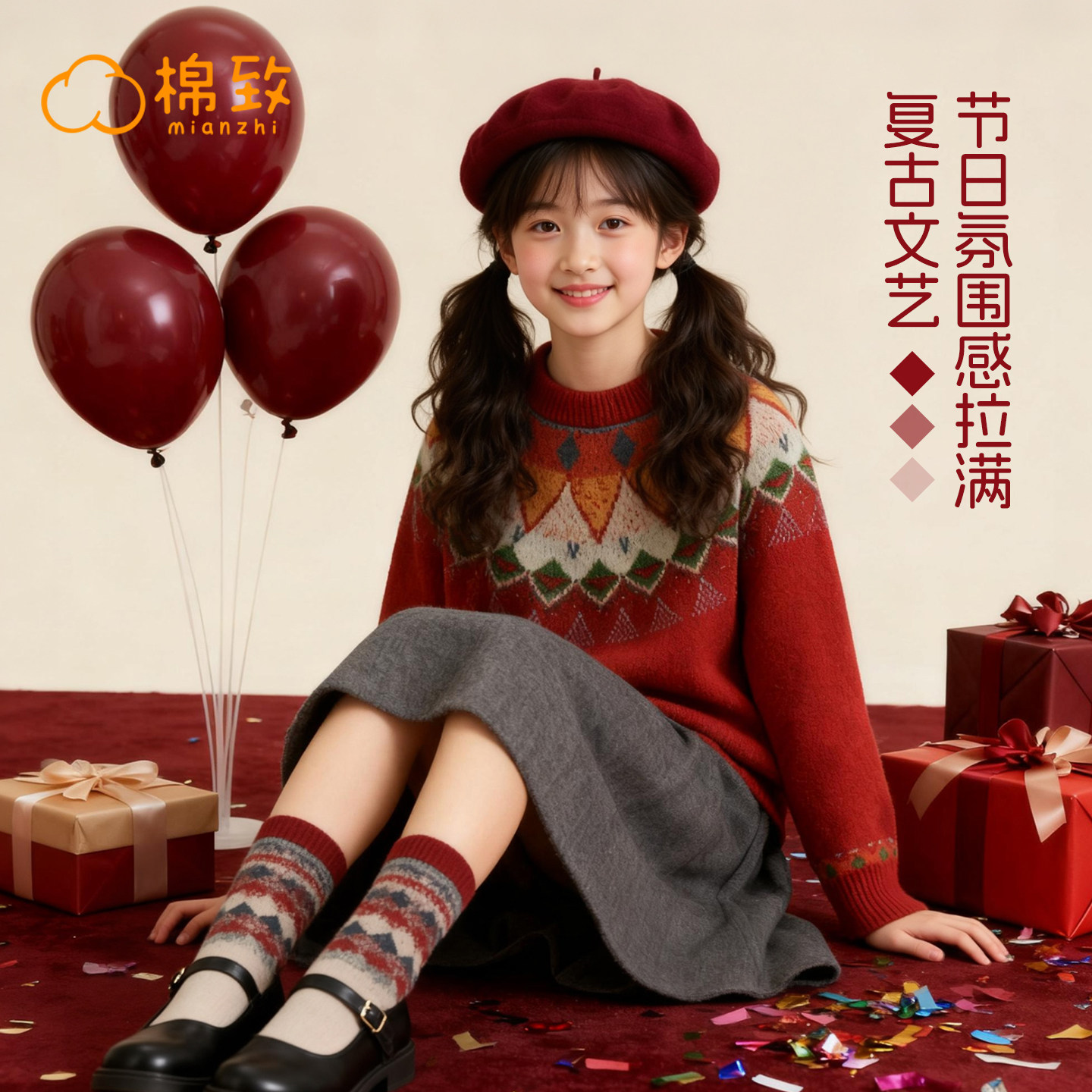 棉致女童毛衣2026新款秋冬加厚费尔岛红色女孩针织衫儿童圣诞衣服